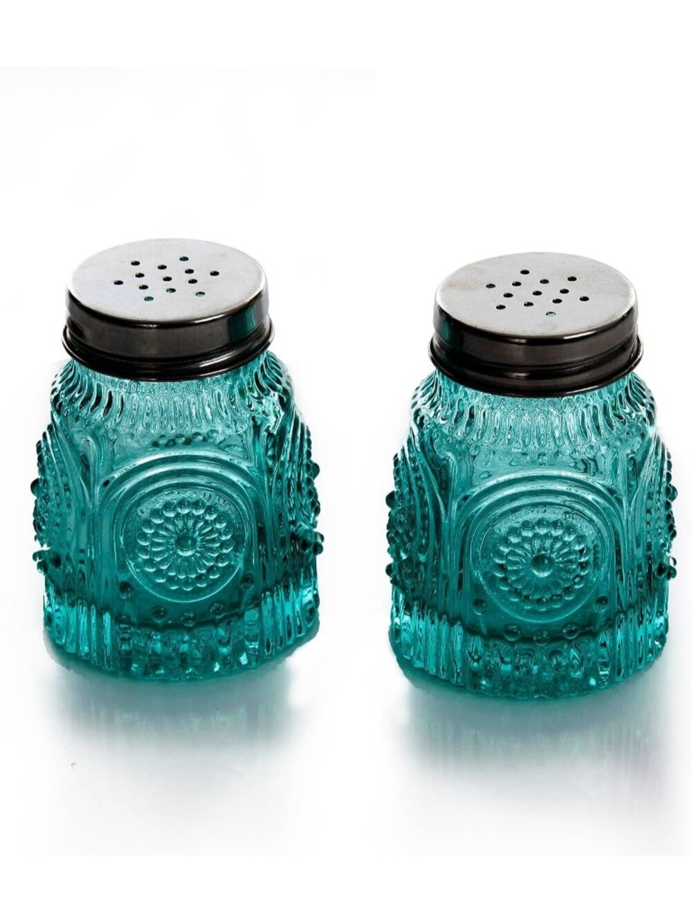 The Woman Pioneer Home Teal Round Adeline Pressed Glass Salt Pepper Shaker Set